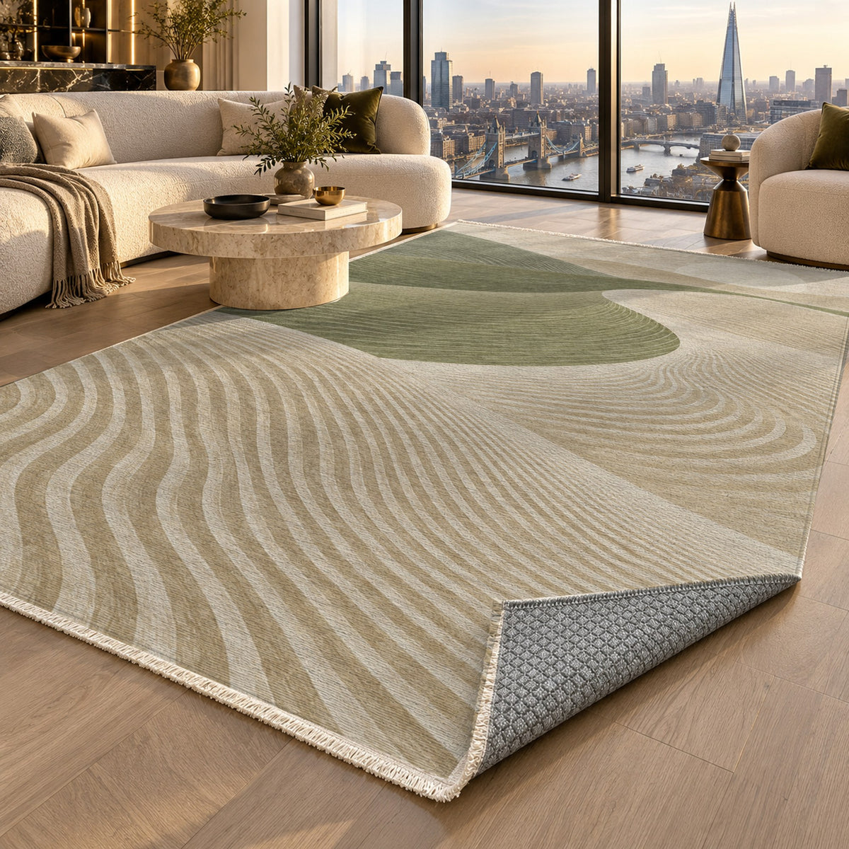 Wind Lines Sage Modern Washable Rug — london luxury living