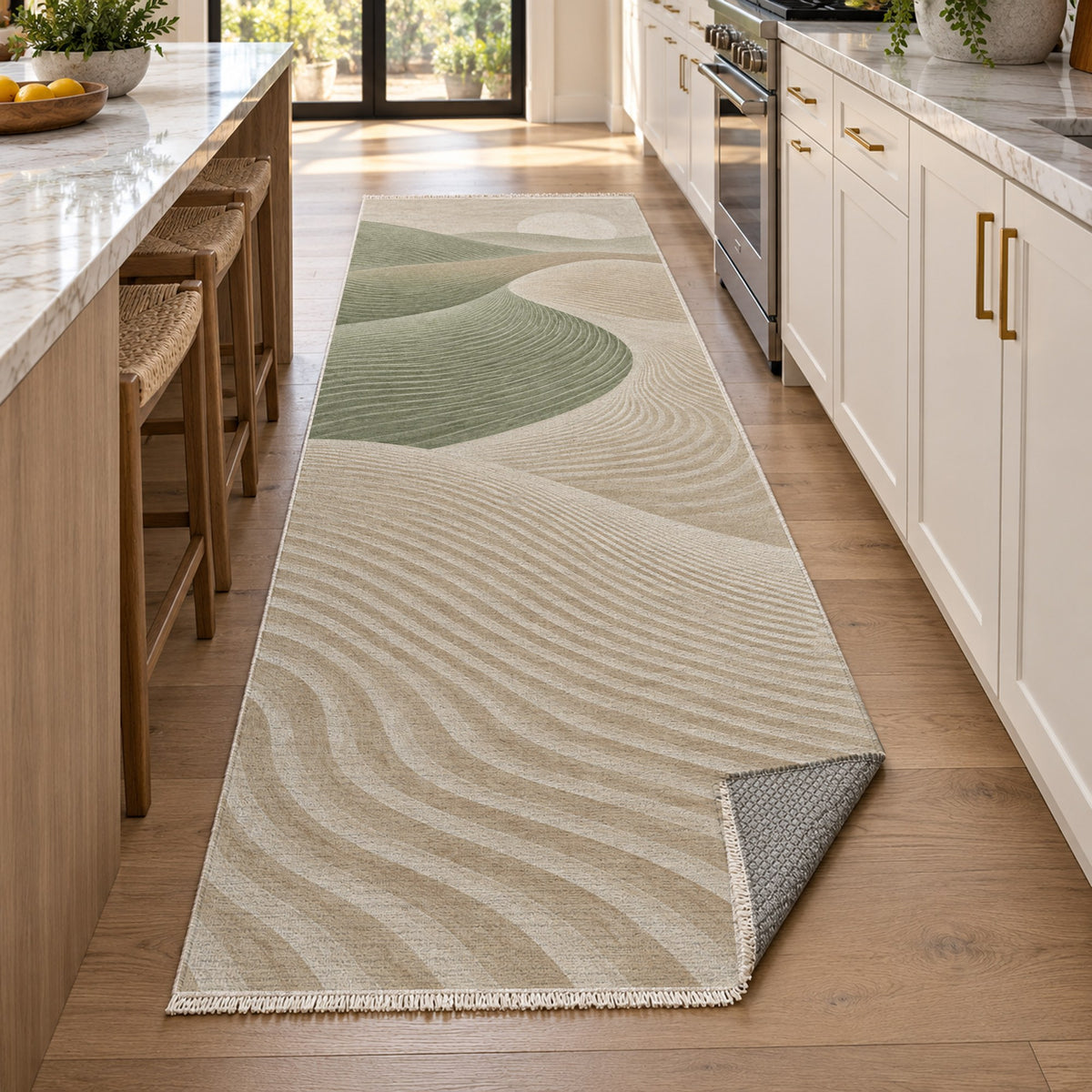 Wind Lines Sage Modern Washable Rug — new york kitchen runner