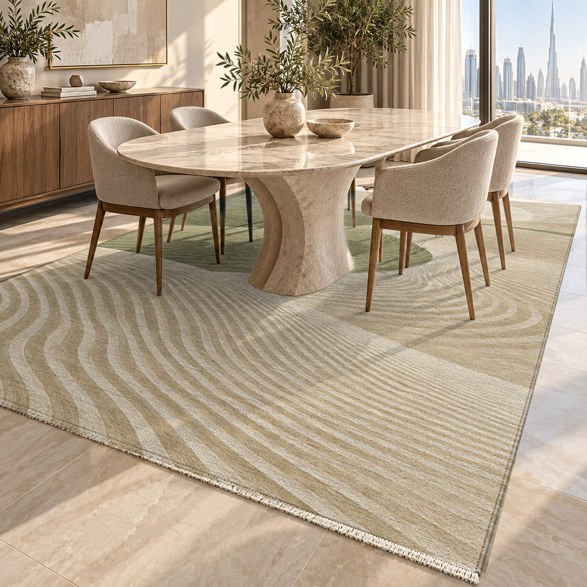 Wind Lines Sage Modern Washable Rug — dubai dining