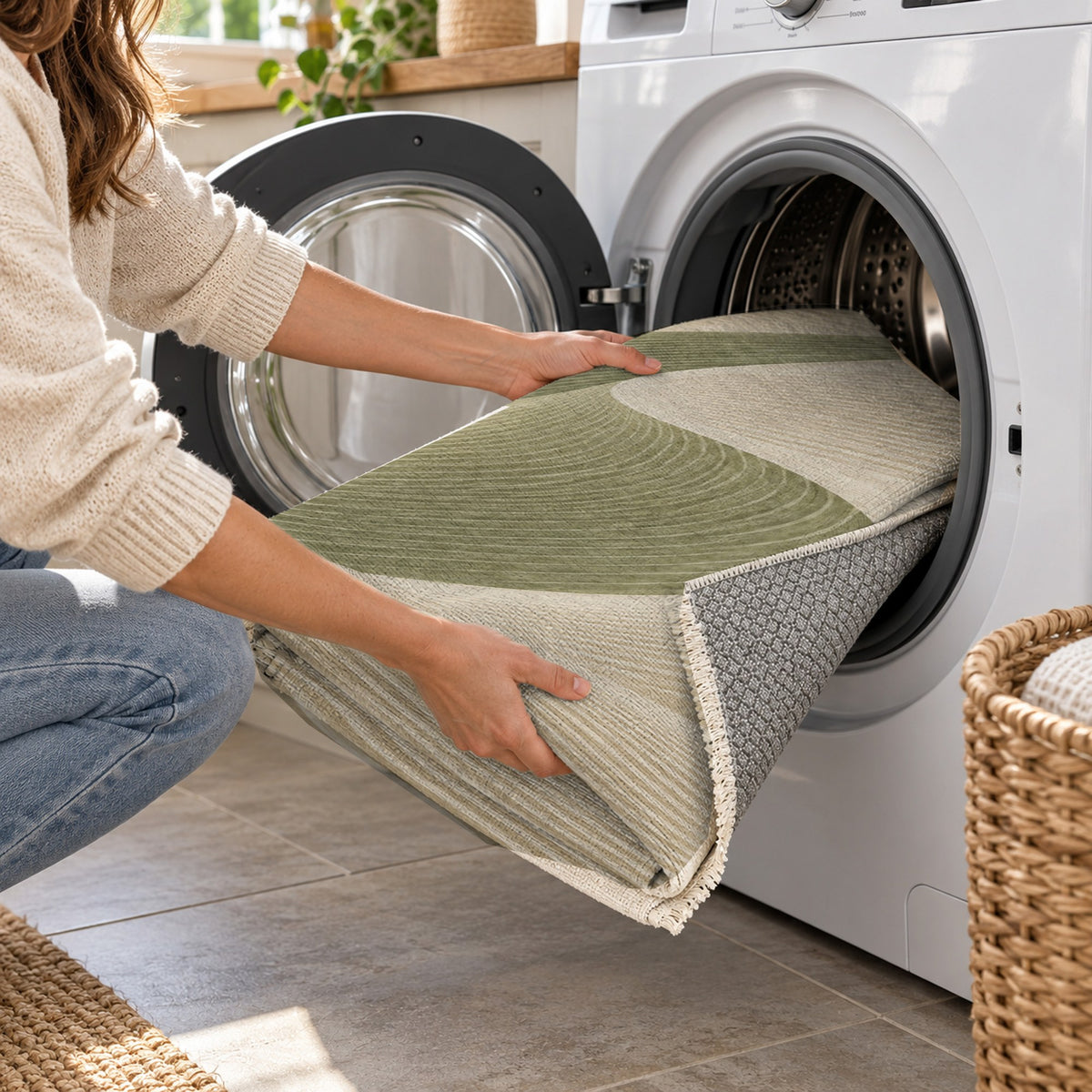 Wind Lines Sage Modern Washable Rug — washing machine