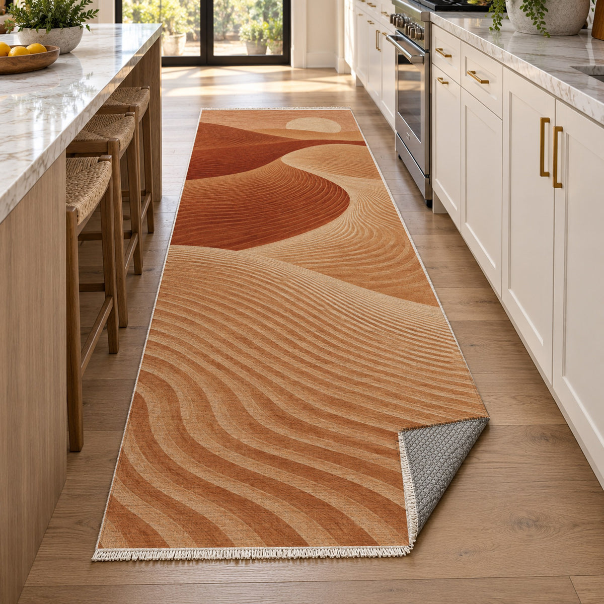 Wind Lines Terracotta Modern Washable Rug — new york kitchen runner