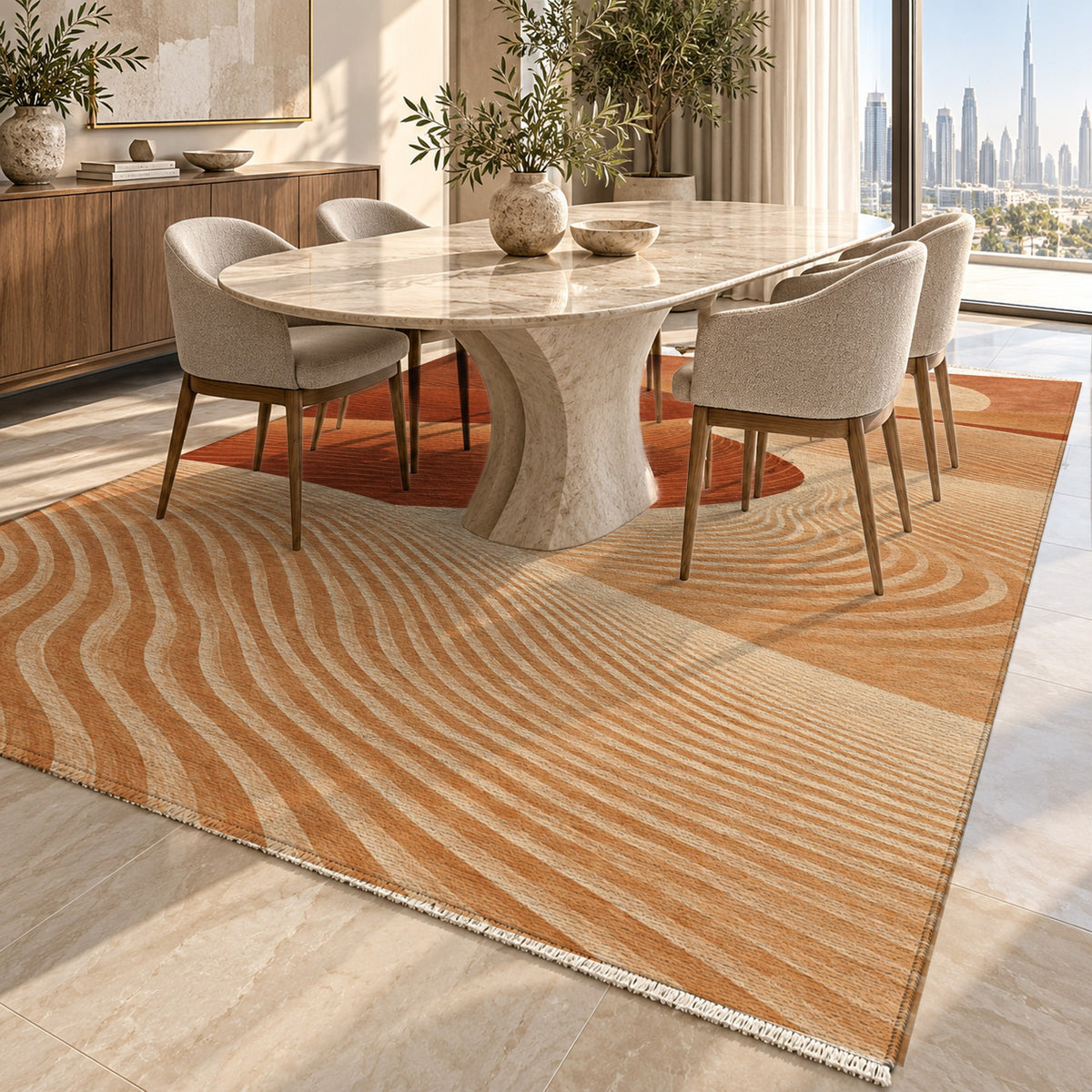 Wind Lines Terracotta Modern Washable Rug — dubai dining