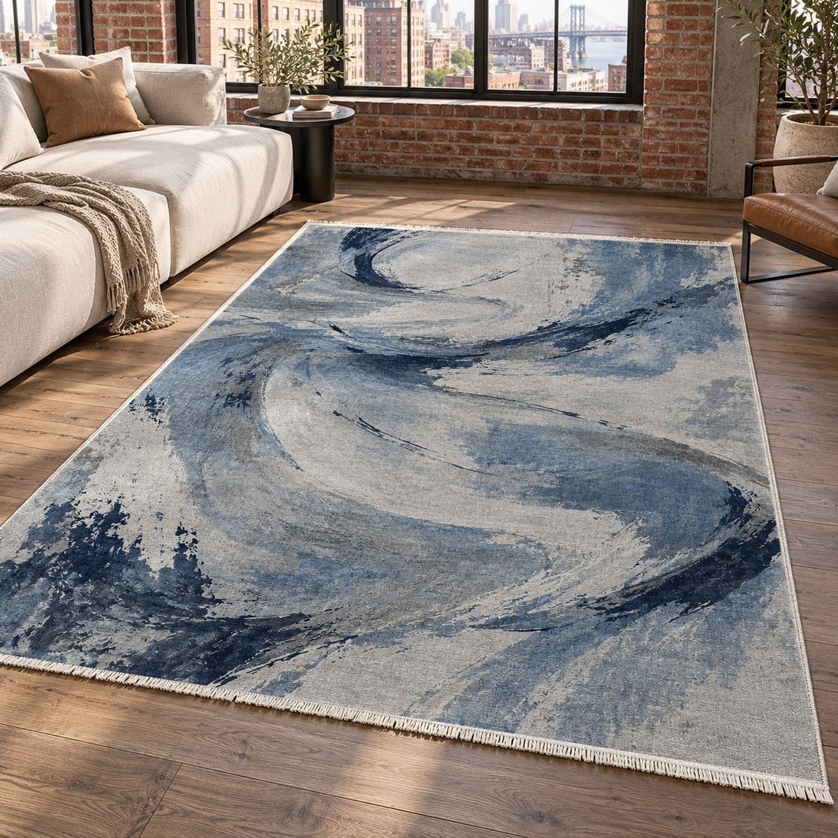 Wind Script Blue Grey Abstract Washable Rug — new york living