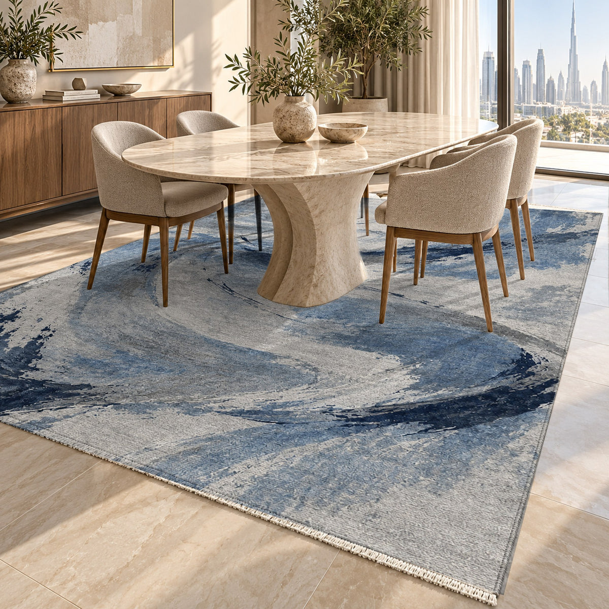 Wind Script Blue Grey Abstract Washable Rug — dubai dining