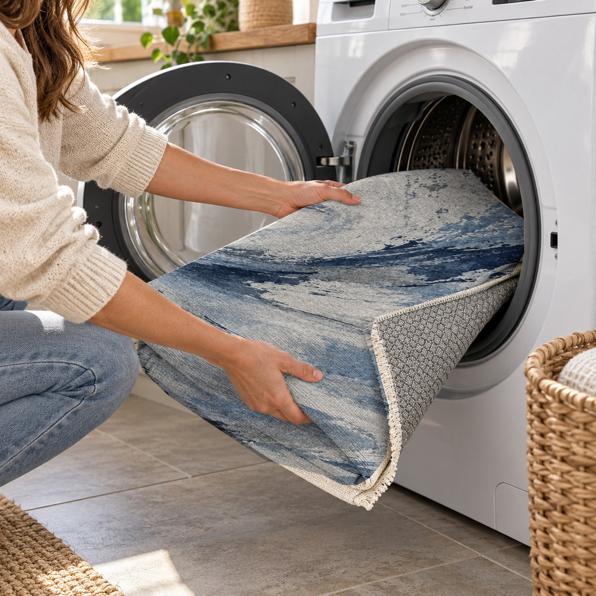 Wind Script Blue Grey Abstract Washable Rug — washing machine