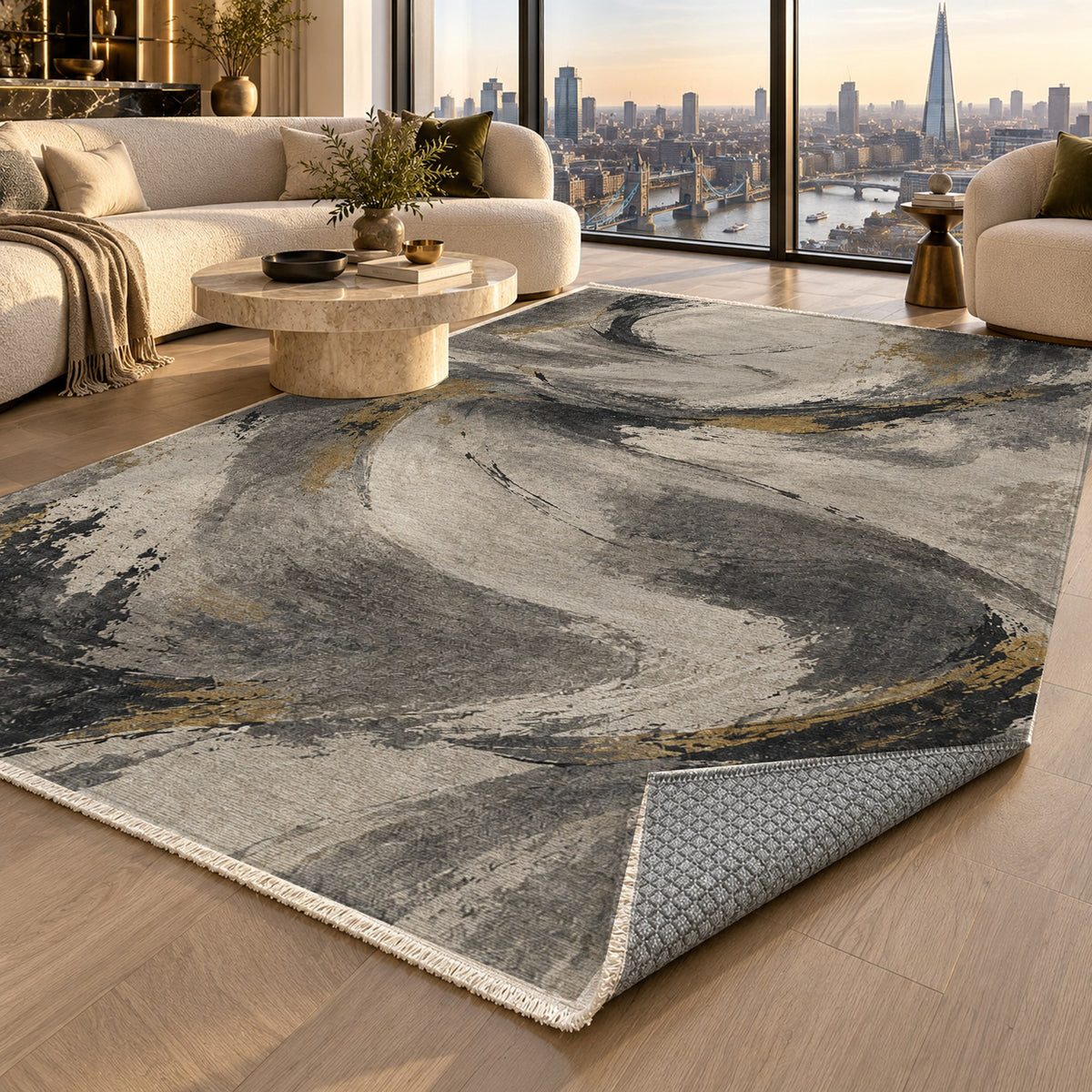 Wind Script Charcoal Gold Abstract Washable Rug — london luxury living