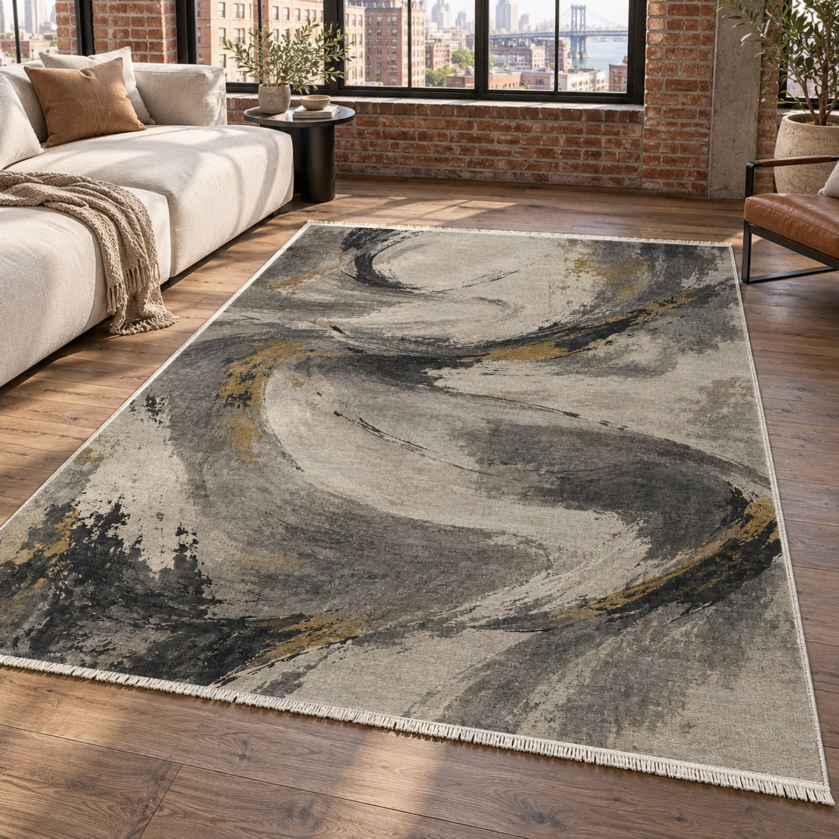 Wind Script Charcoal Gold Abstract Washable Rug — new york living
