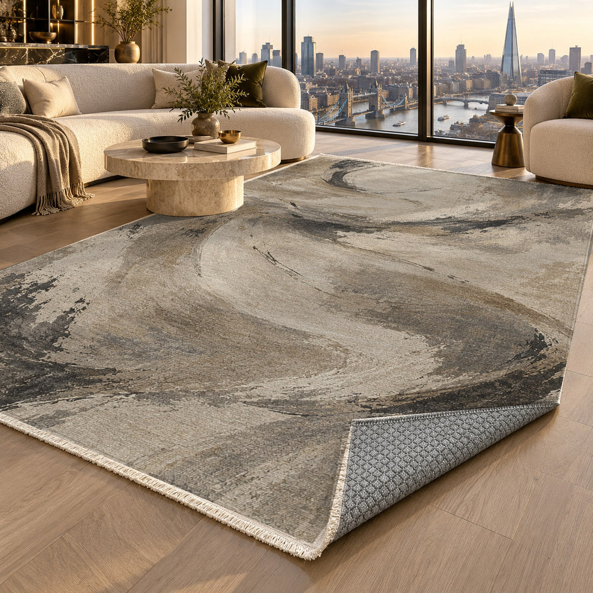 Wind Script Ivory Taupe Abstract Washable Rug — london luxury living