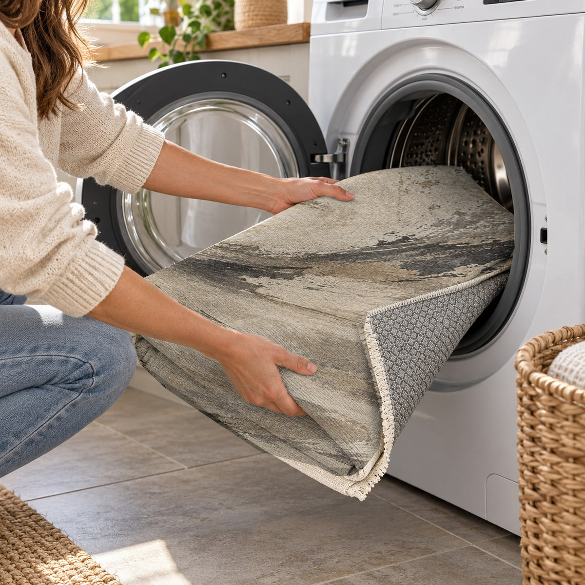 Wind Script Ivory Taupe Abstract Washable Rug — washing machine