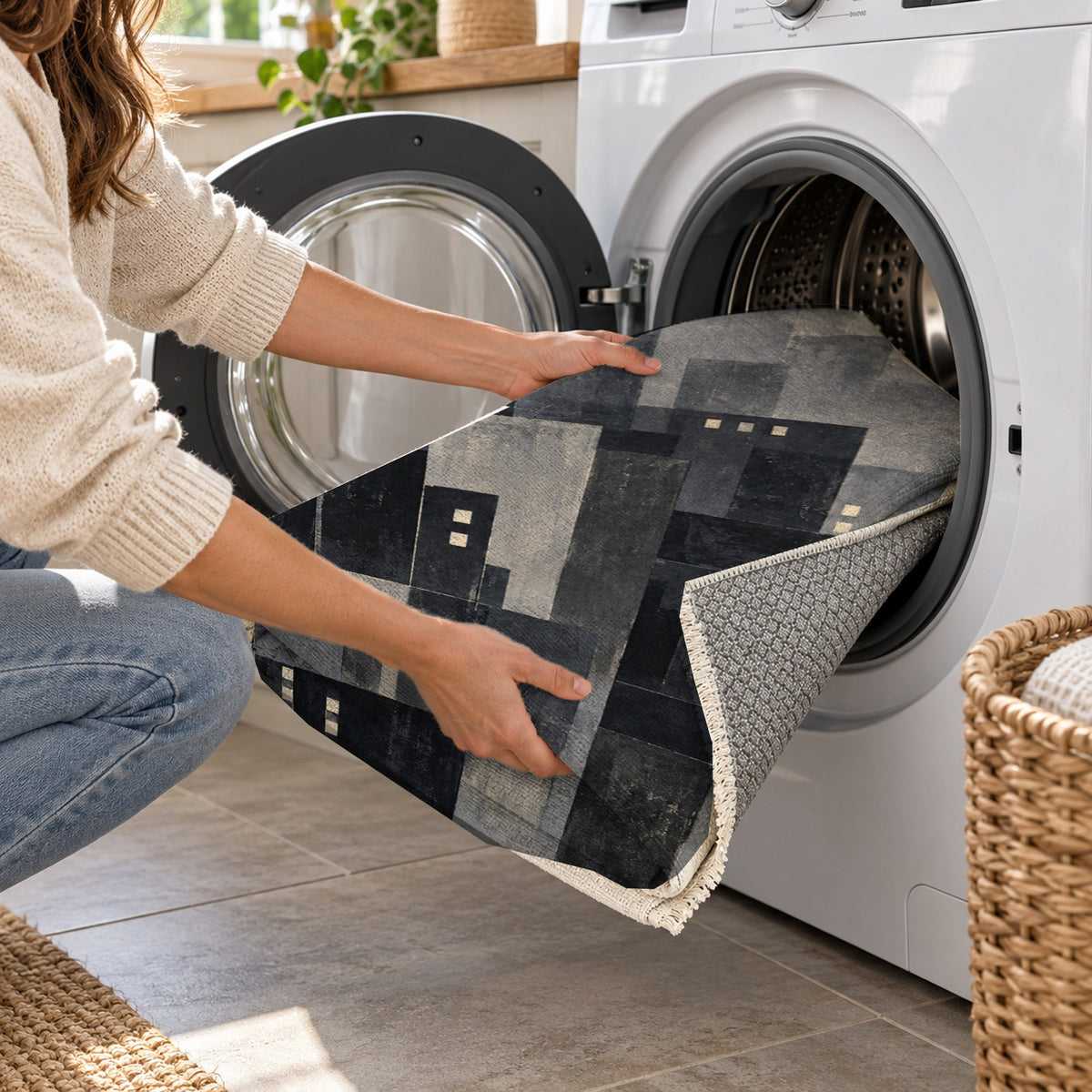 Window Lights Charcoal Modern Washable Rug — washing machine