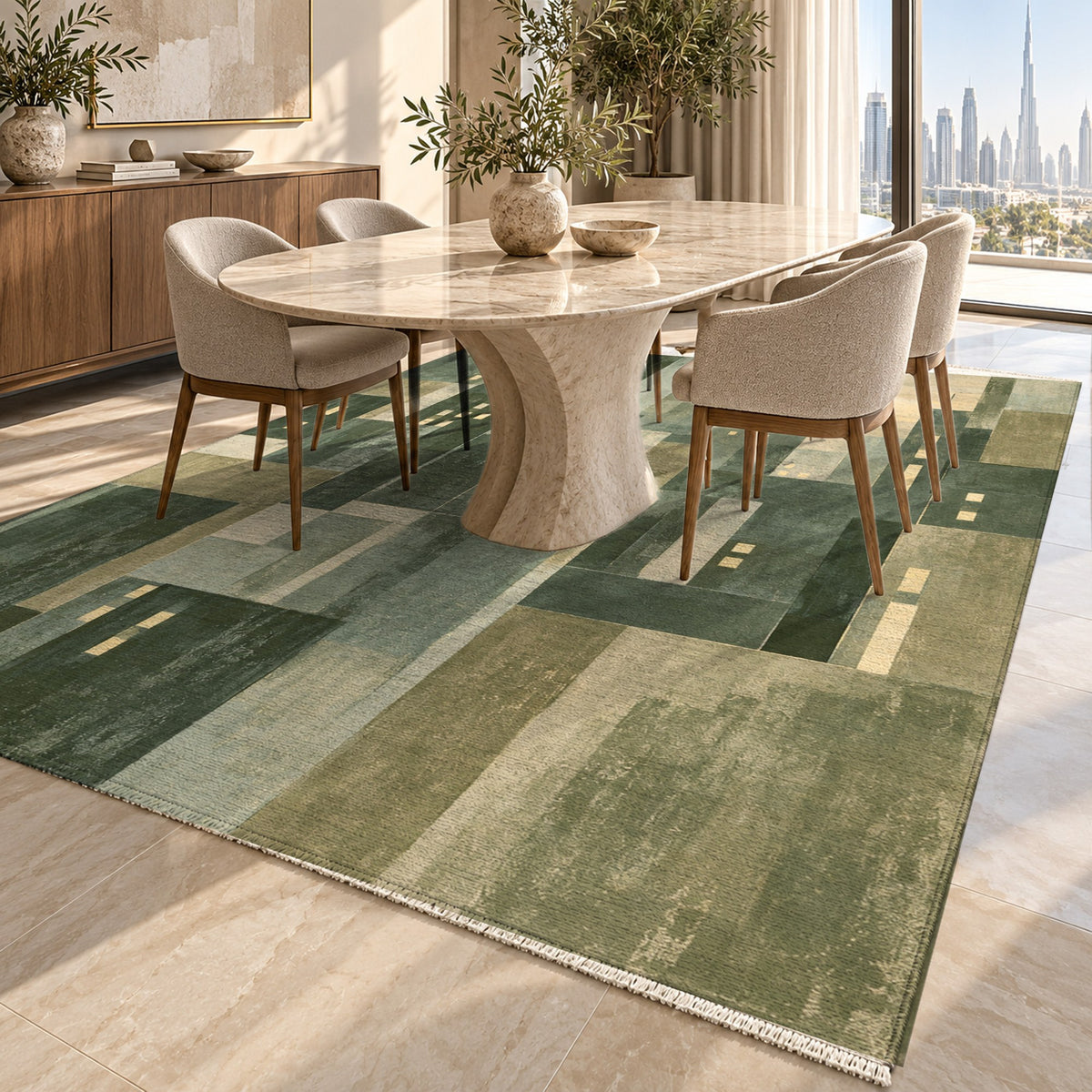 Window Lights Sage Modern Washable Rug — dubai dining