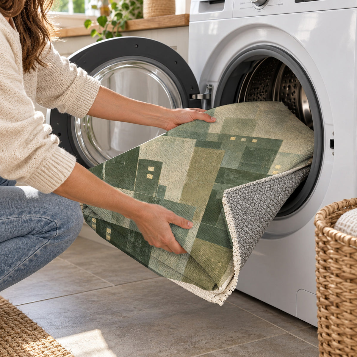 Window Lights Sage Modern Washable Rug — washing machine