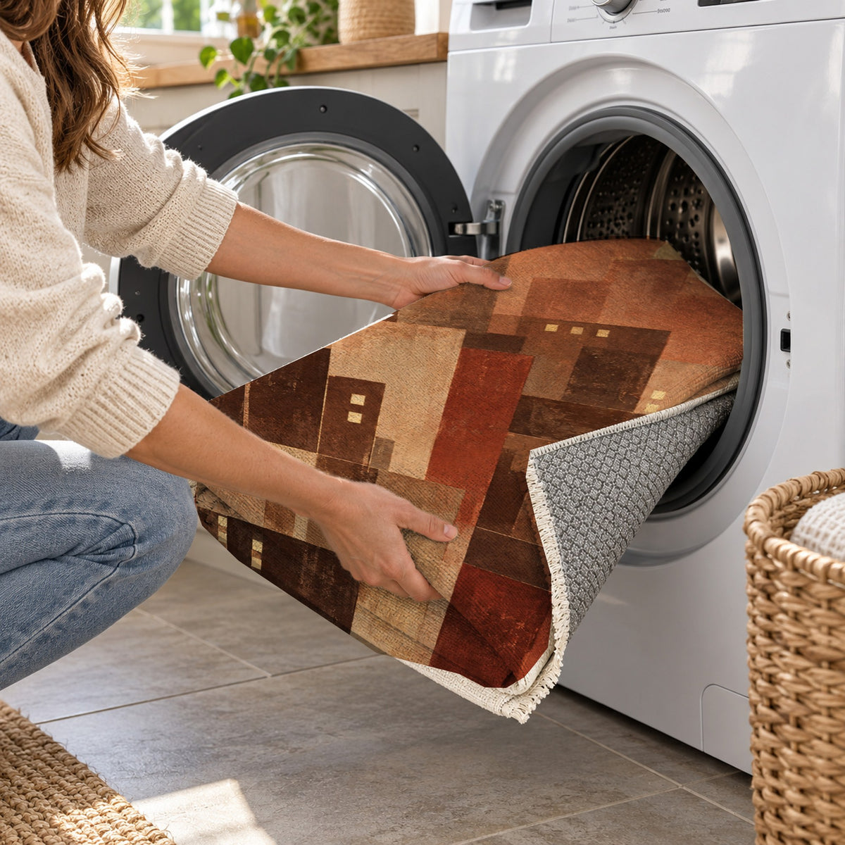 Window Lights Terracotta Modern Washable Rug — washing machine