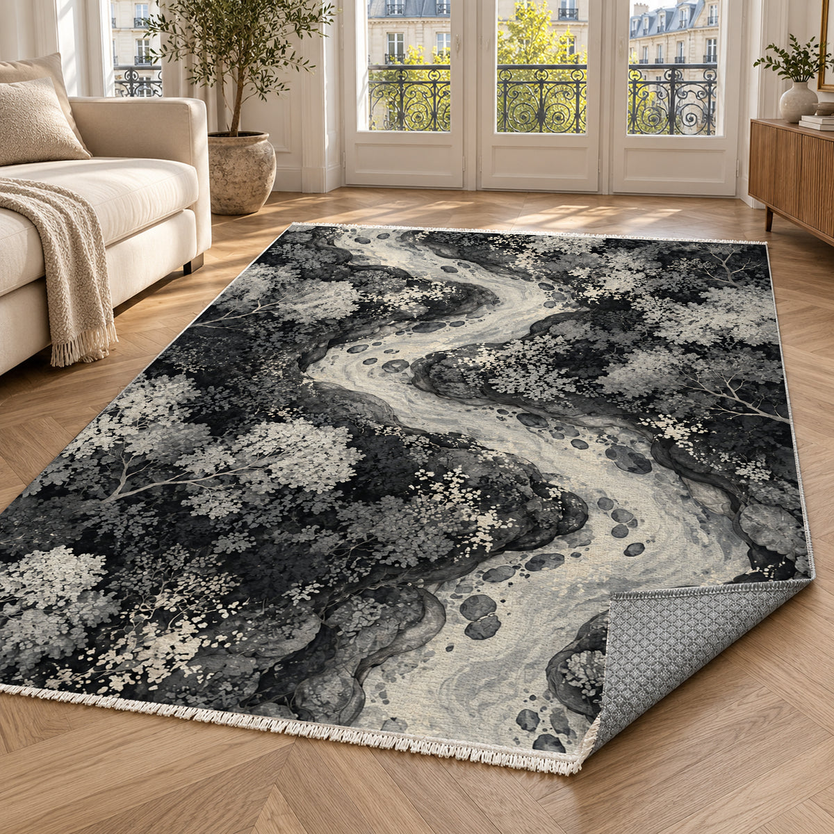 Woodland Stream Charcoal Floral Washable Rug — paris living