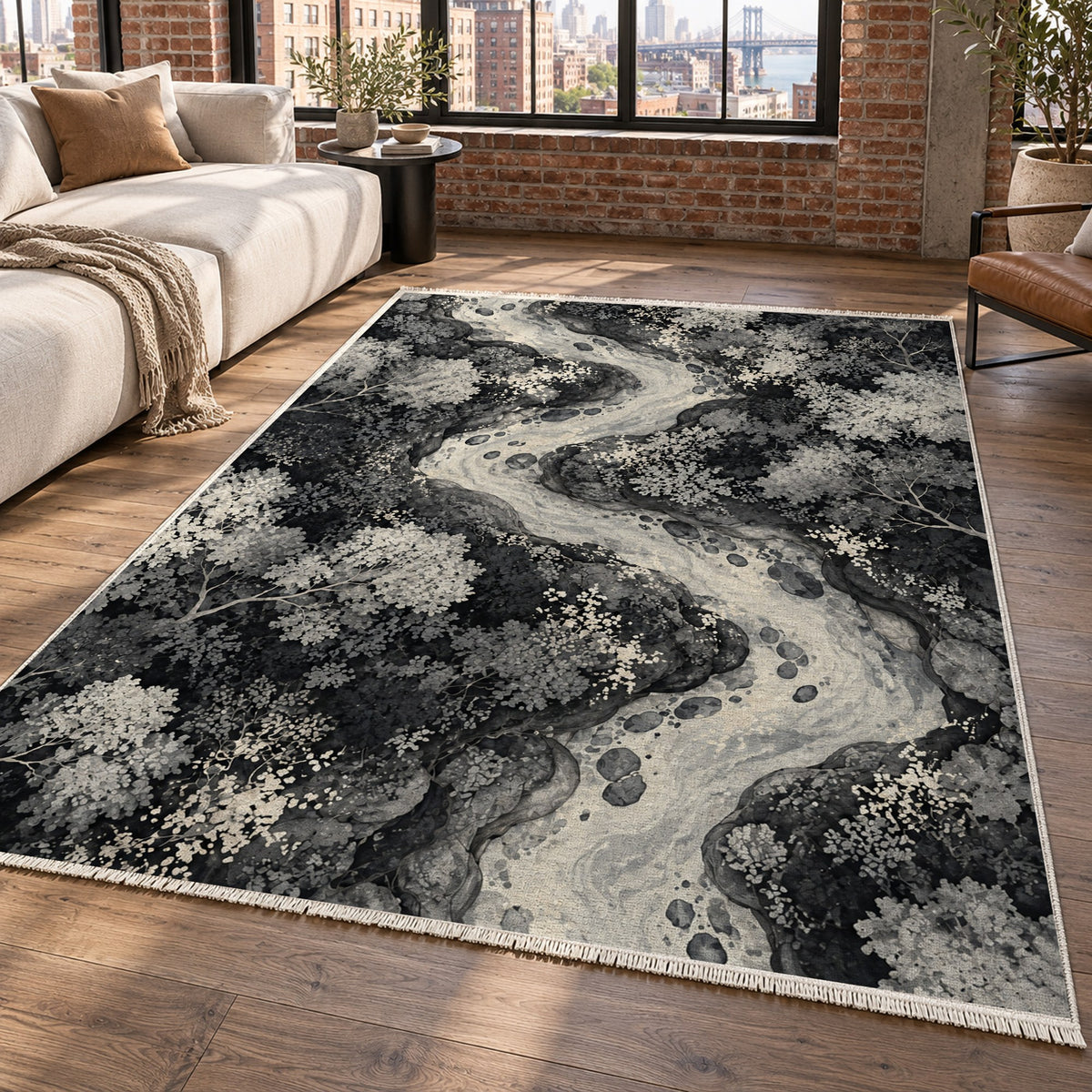 Woodland Stream Charcoal Floral Washable Rug — new york living