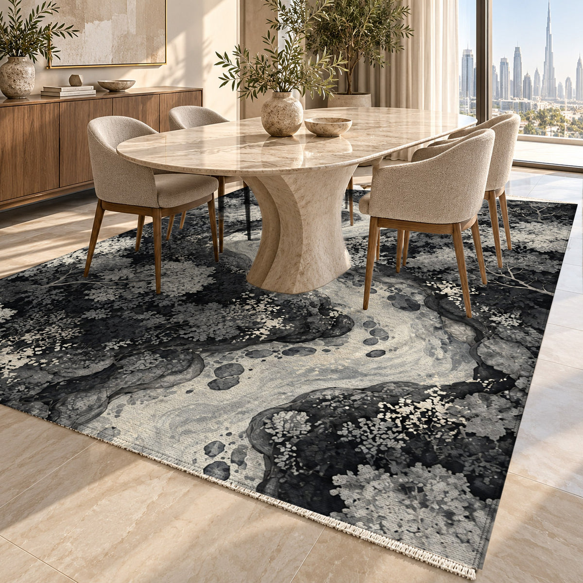 Woodland Stream Charcoal Floral Washable Rug — dubai dining