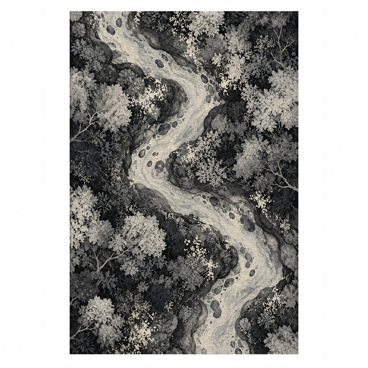 Woodland Stream Charcoal Floral Washable Rug — top view