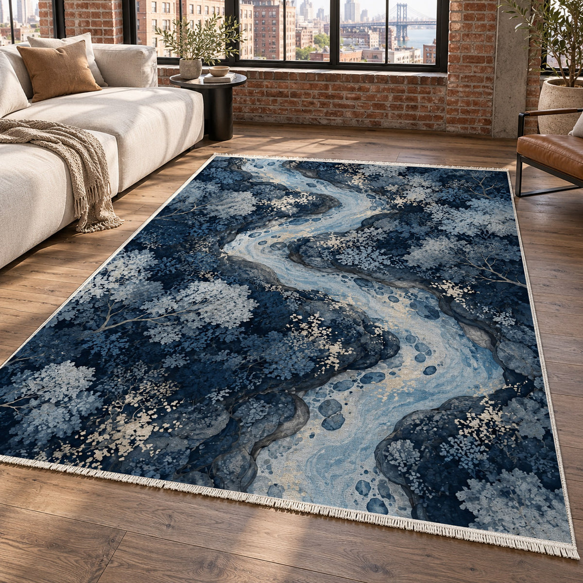 Woodland Stream Indigo Floral Washable Rug — new york living