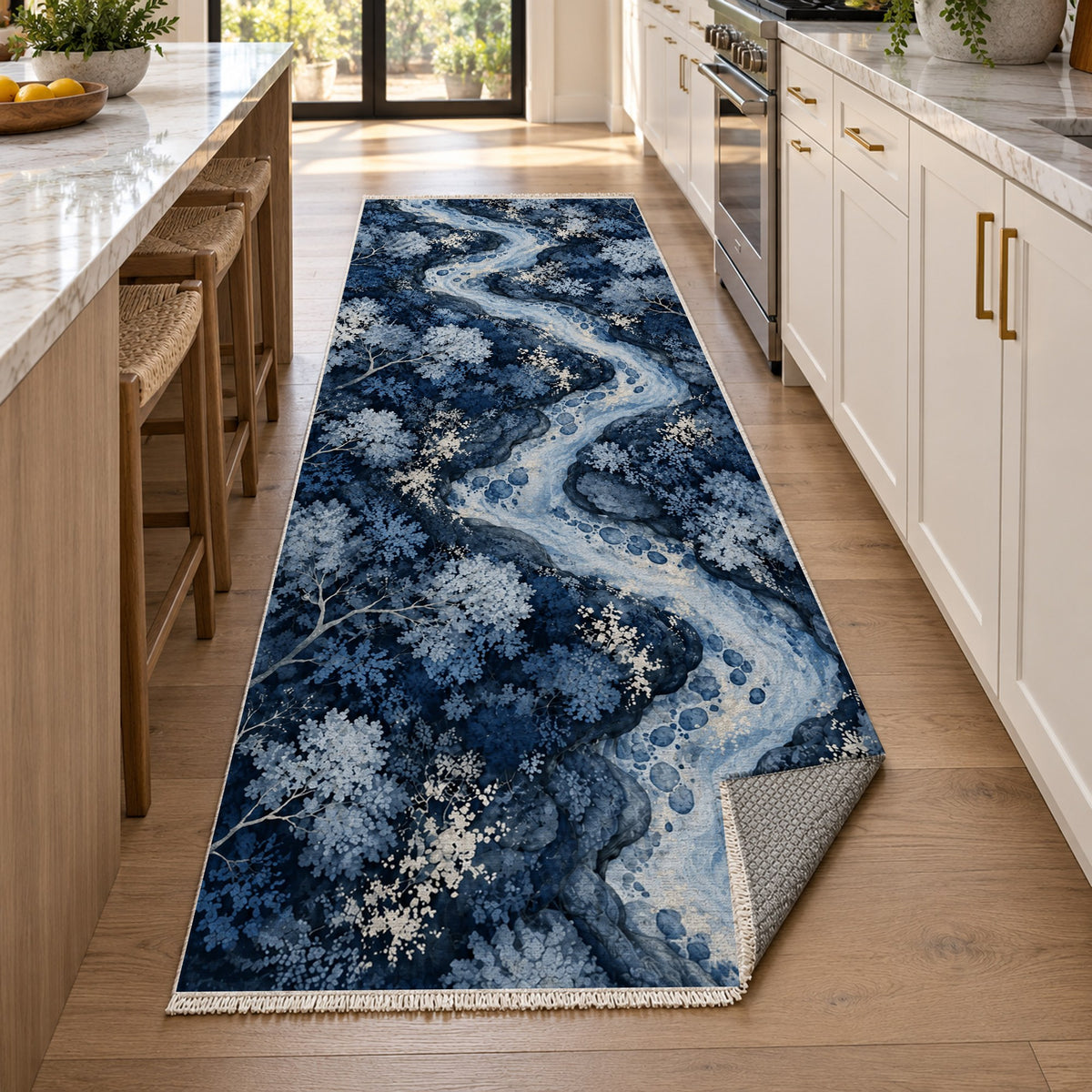 Woodland Stream Indigo Floral Washable Rug — new york kitchen runner