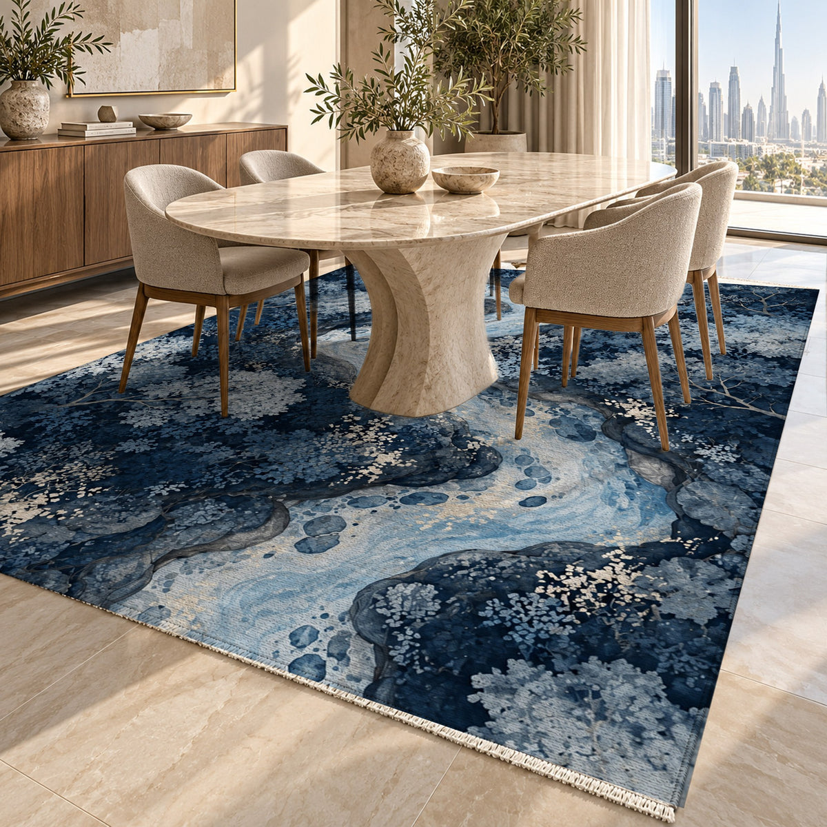 Woodland Stream Indigo Floral Washable Rug — dubai dining