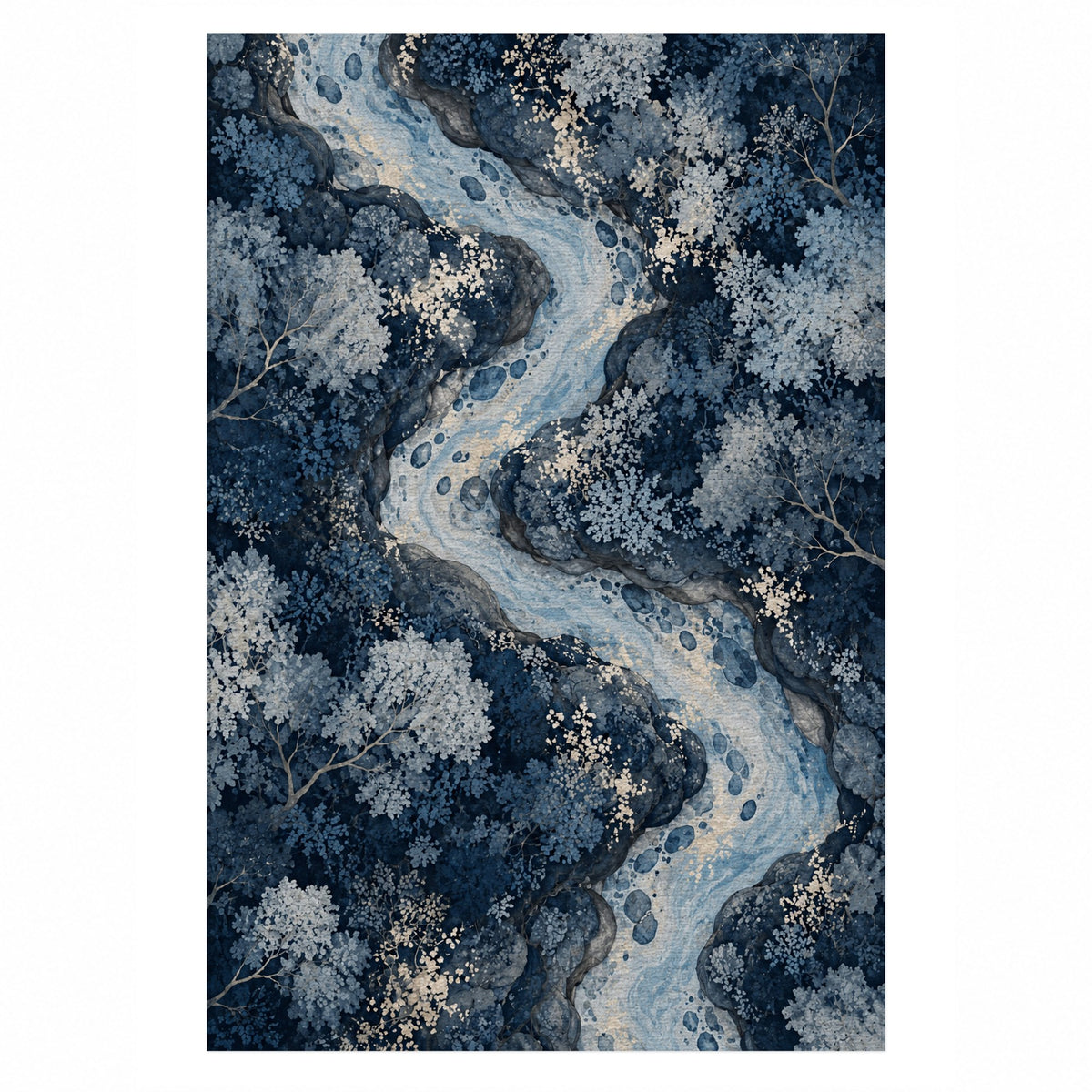 Woodland Stream Indigo Floral Washable Rug — top view