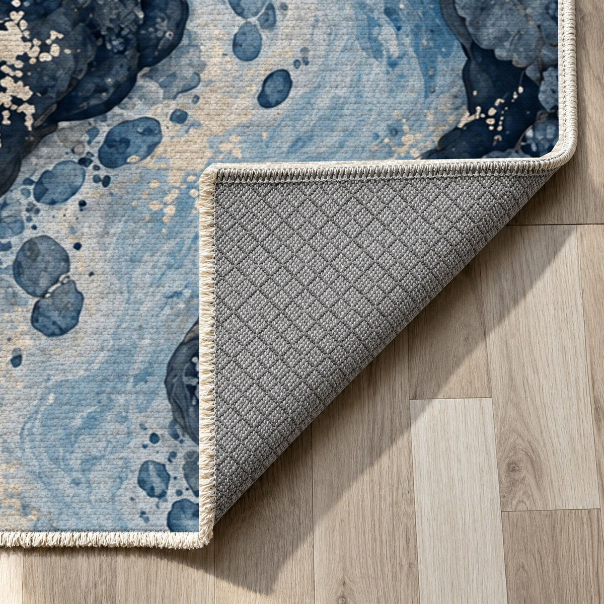Woodland Stream Indigo Floral Washable Rug — backing close up