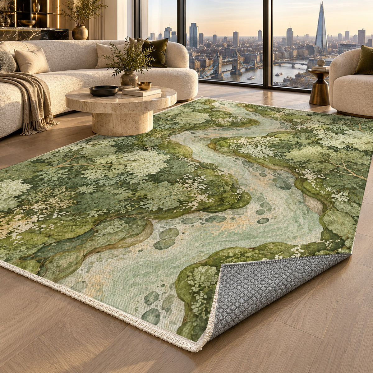 Woodland Stream Sage Floral Washable Rug — london luxury living