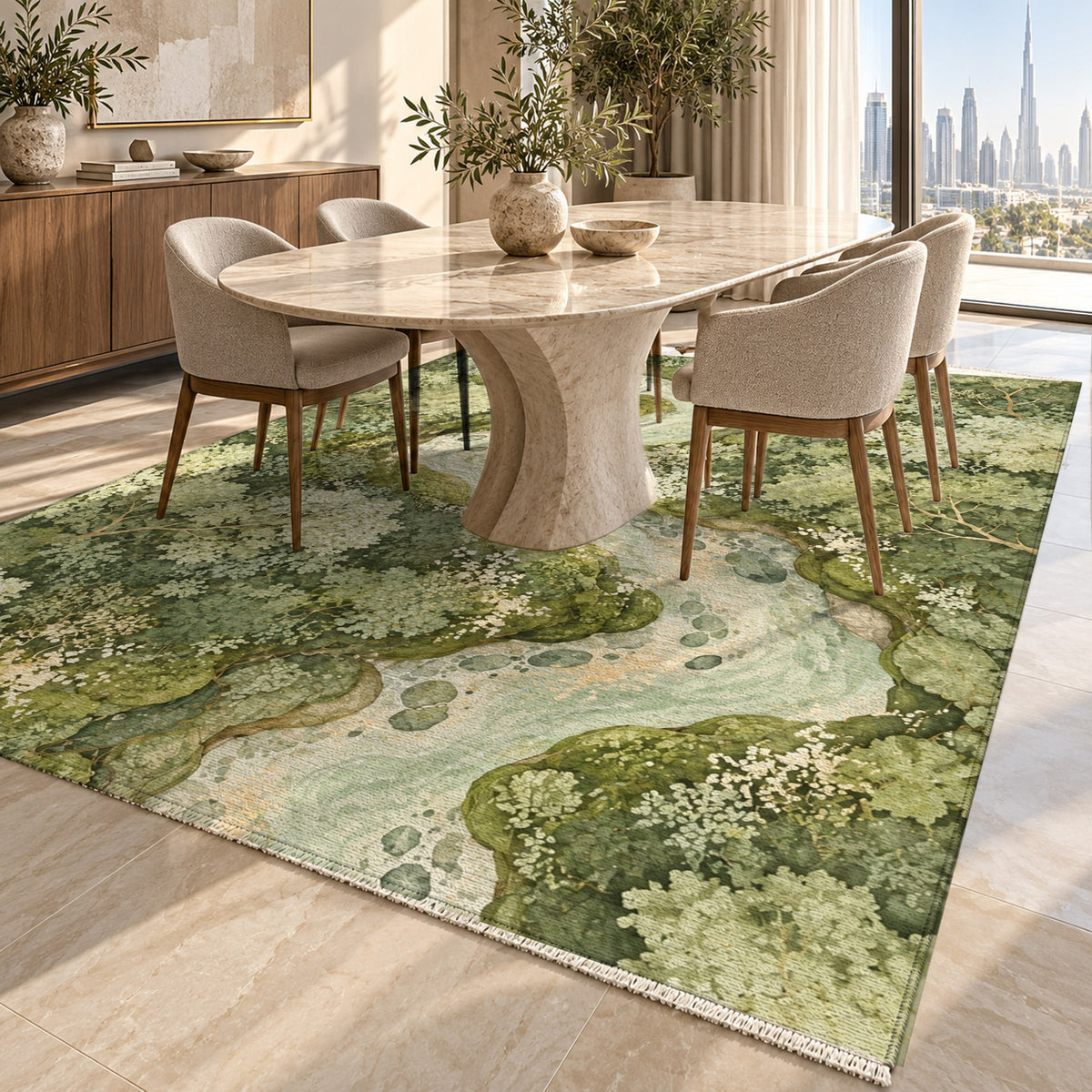 Woodland Stream Sage Floral Washable Rug — dubai dining