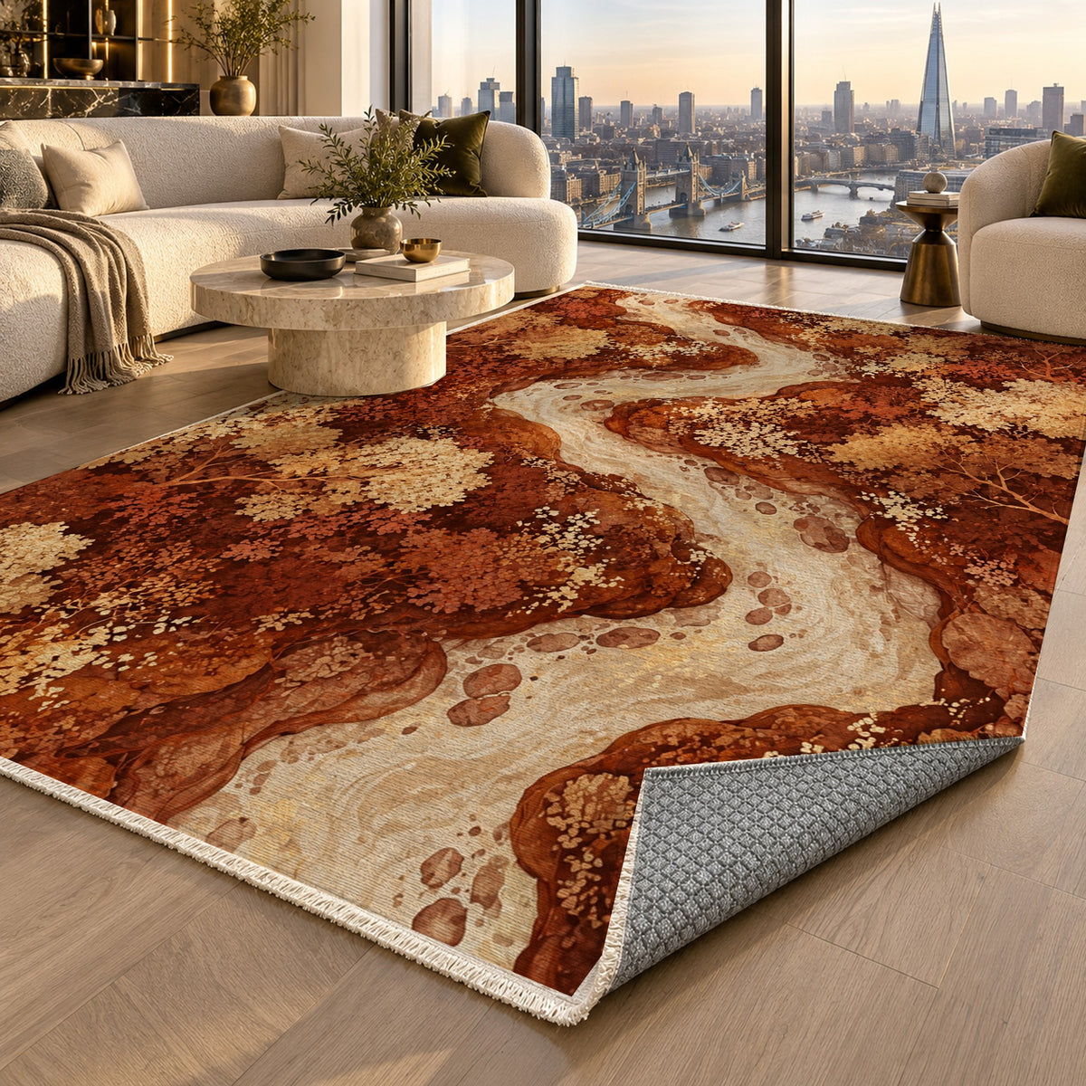 Woodland Stream Terracotta Floral Washable Rug — london luxury living