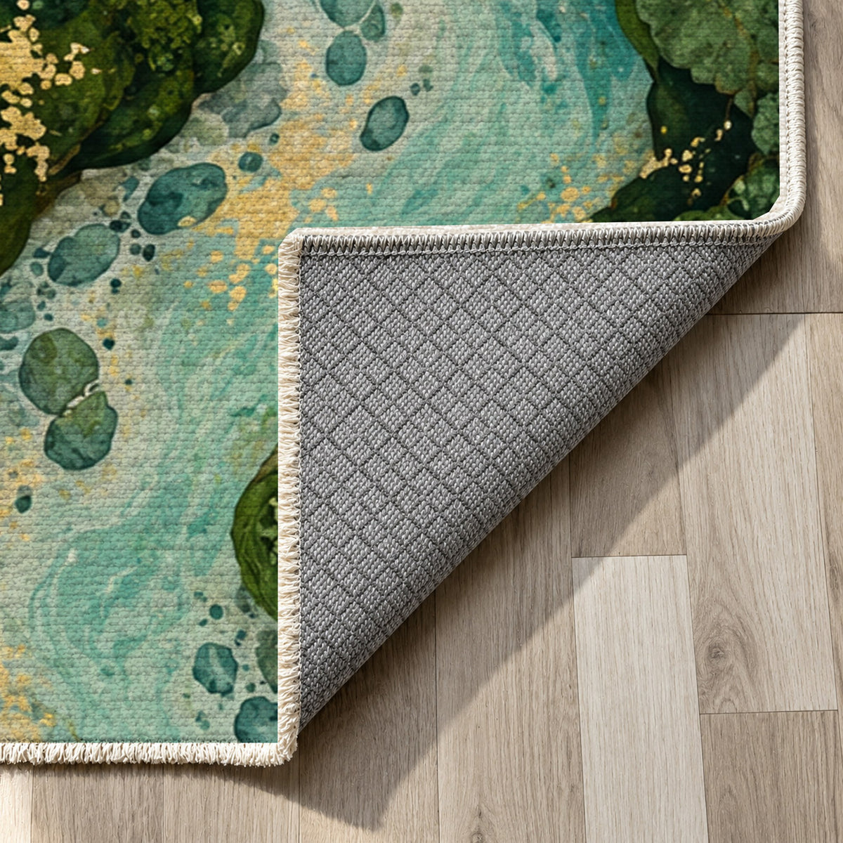 Woodland Stream Floral Washable Rug — backing close up