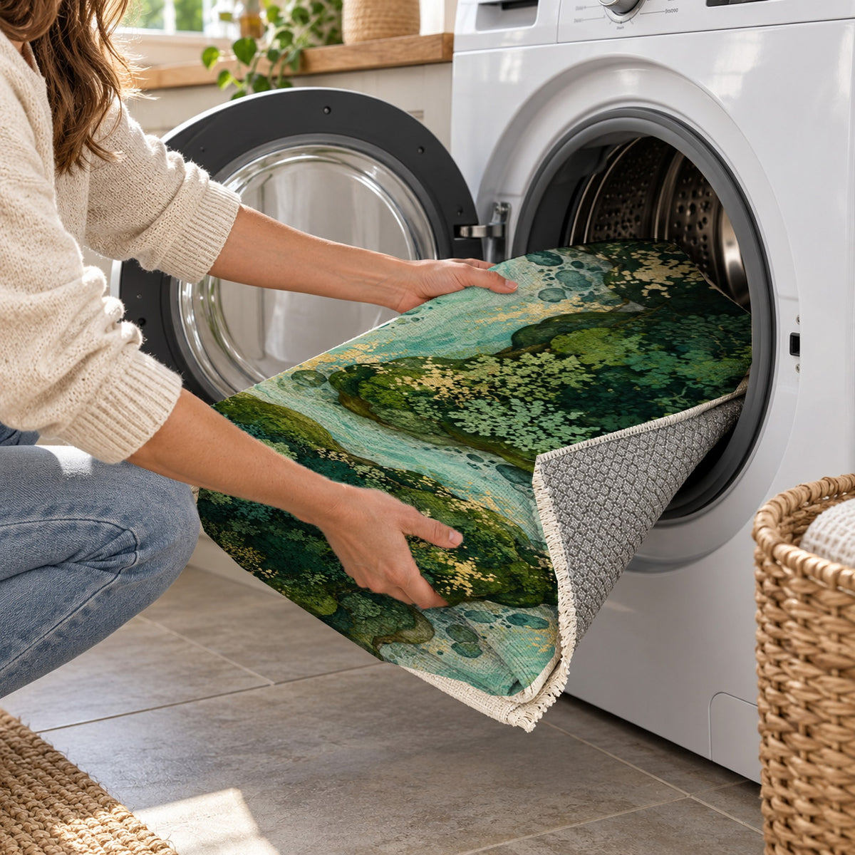 Woodland Stream Floral Washable Rug — washing machine