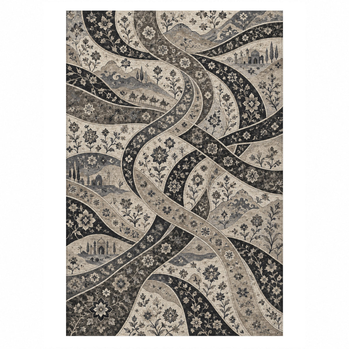 Woven Routes Charcoal Ethnic Washable Rug — top view