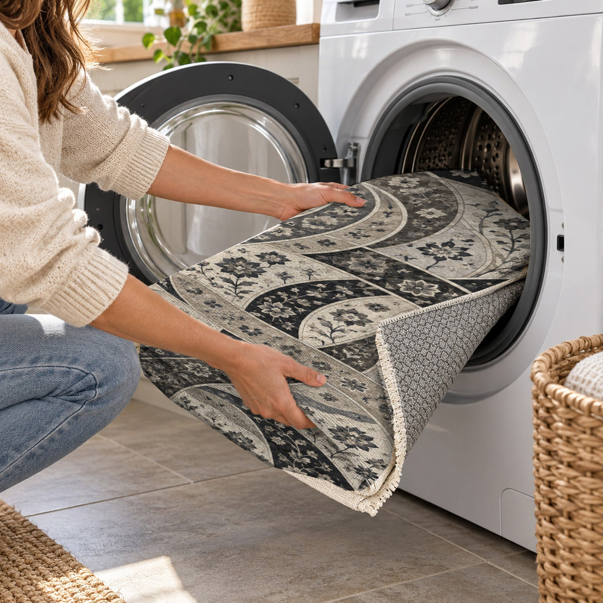 Woven Routes Charcoal Ethnic Washable Rug — washing machine