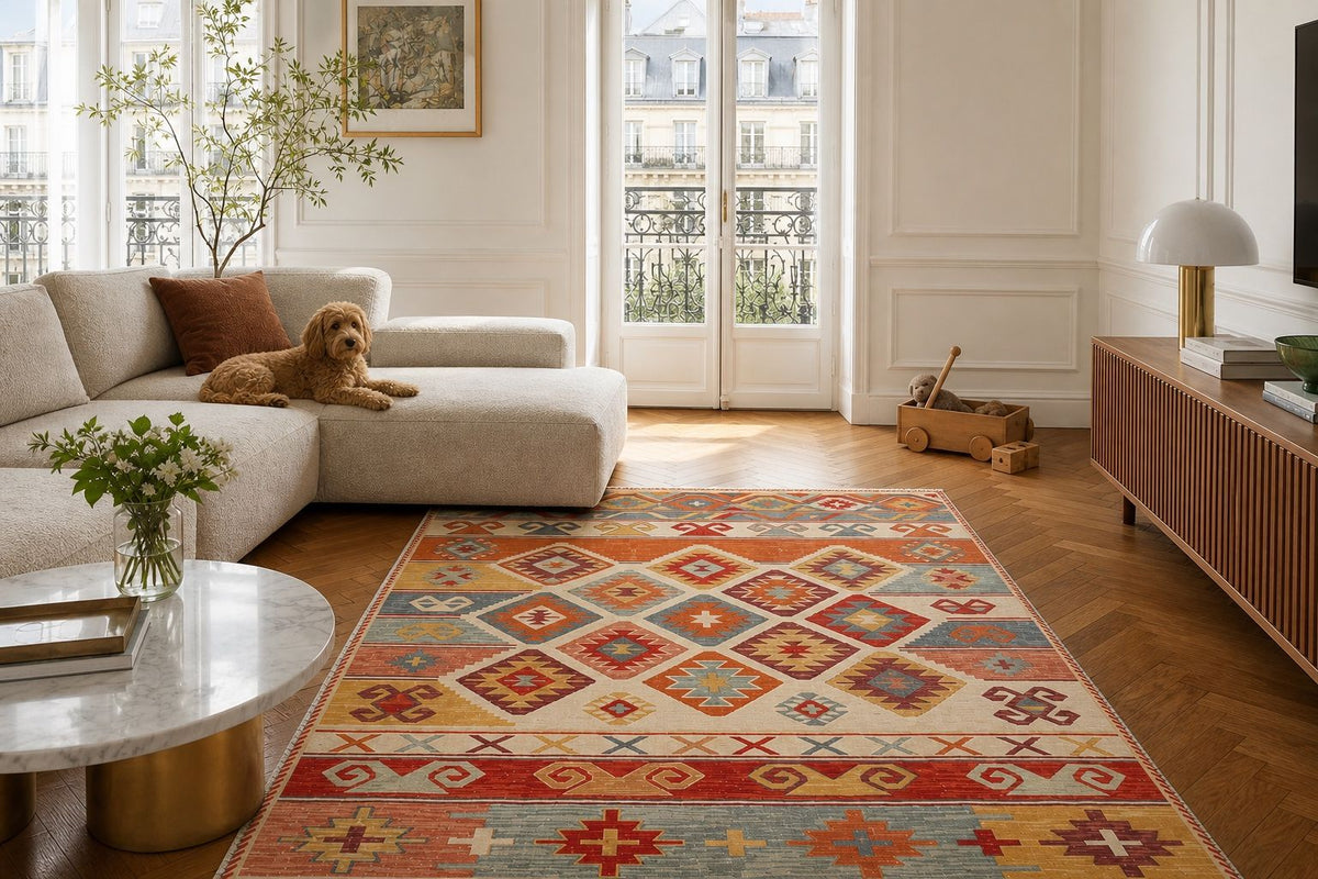 A washable printed rug in a bright London living room