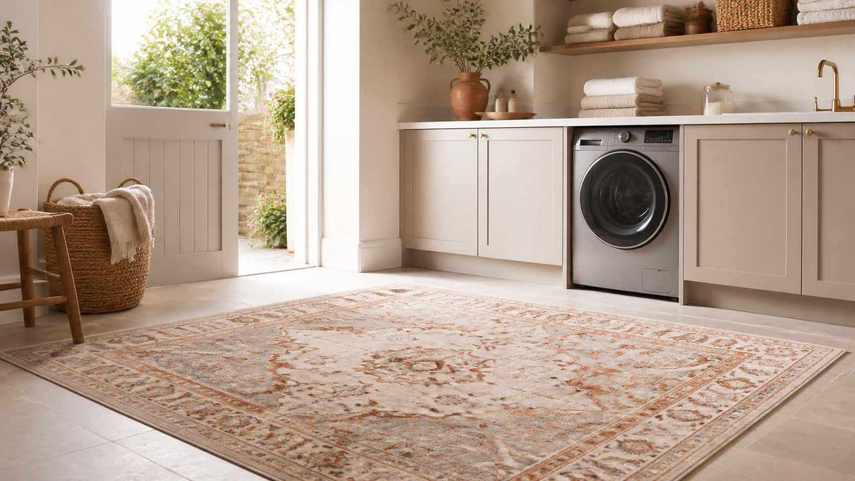 Washable Rug Weavers rug in a refined laundry living space