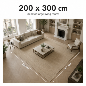 200 × 300 cm rug size shown in a room
